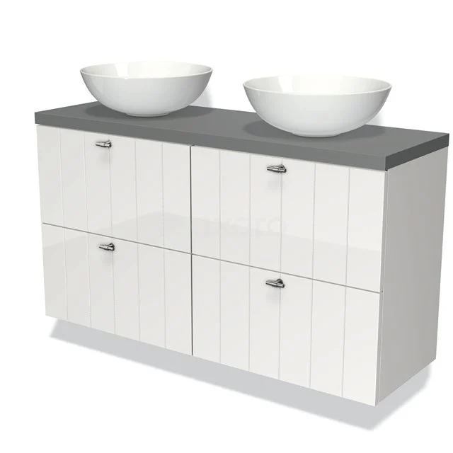 Weißes Badmöbel mit doppeltem Aufsatzwaschbecken, graue Platte und geräumigen Schubladen, modernes Design für stilvolle Bäder.