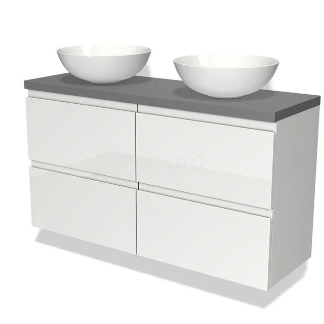 Badmöbel für Waschtischunterschrank mit Konsole 120cm Modulo Plato Slim Hochglanz Weiß 4 Schubladen Grifflos Mittelgrau Platte BMK38-00067 Weiß glänzendes Badmöbel mit doppelten keramischen Aufsatzwaschbecken und grauer Steinplatte, modernes Design mit vier Schubladen.