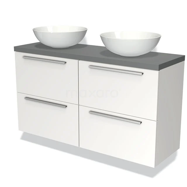 Weißes Badmöbel mit grauer Platte, Duo-Aufsatzwaschbecken und vier Schubladen, modernes Design für stilvolle Bäder.