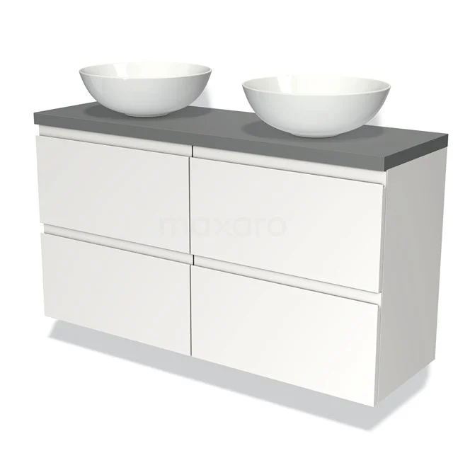 Wit badkamermeubel met vier lades, grijs blad en twee ovale waskommen, modern design voor stijlvolle badkamers.