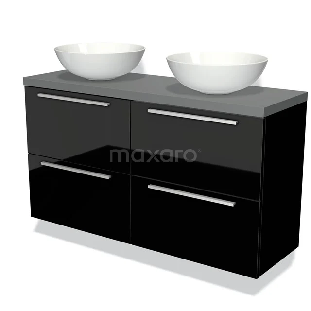 Black bathroom furniture set with double white countertop wash basins, handleless drawers and sleek modern design, ideal for luxury bathrooms.