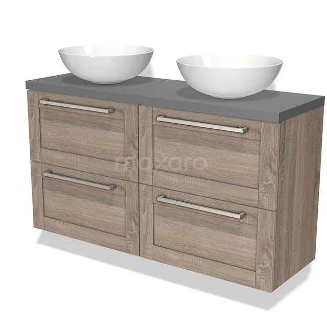 Modulo Plato Slim Vanity units for countertop basin | 120 cm Oak Bordered front Mid grey worktop 4 drawers BMK38-00078 Wooden bathroom unit with double countertop wash basins, grey worktop, four drawers and modern handles, perfect for stylish bathrooms.