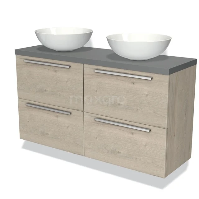 Modulo Plato Slim Badmöbel mit Aufsatzwaschbecken | 120 cm Hellgraue Eiche Flach front Mittelgrau blatt 4 Schubladen BMK38-00079 Holz Badezimmermöbel mit vier Schubladen, grauer Oberseite und zwei weißen Waschbecken, stilvolles und praktisches Design.