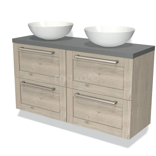 Houten badkamermeubel met 4 lades, grijs blad en 2 witte waskommen, ideaal voor stijlvolle opslag in de badkamer.