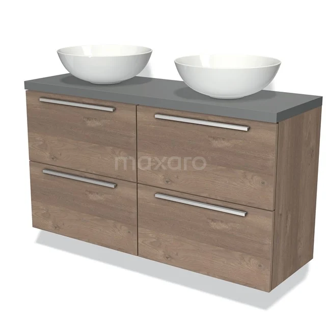 Badmöbel für Waschtischunterschrank mit Konsole 120cm Modulo Plato Slim Mittelbraune Eiche 4 Schubladen Flach Mittelgrau Platte BMK38-00083 Holz Badezimmermöbel mit vier Schubladen, graue Platte und zwei weißen Aufsatzwaschbecken; modernes Design und nachhaltige Materialien.