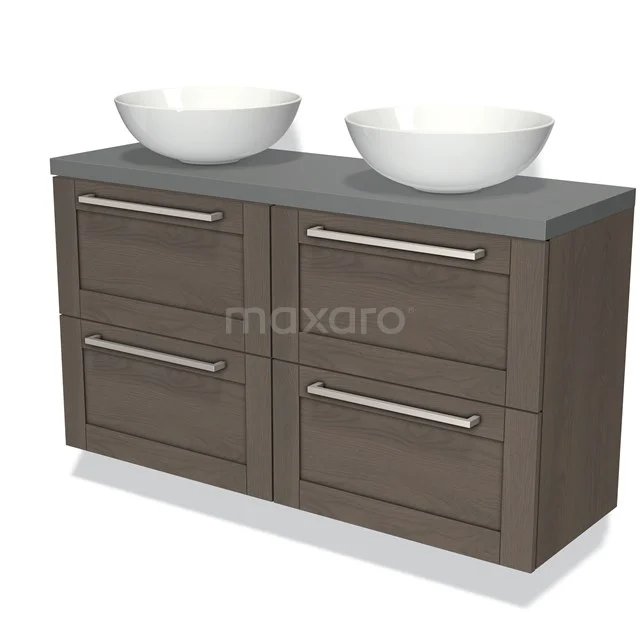 Houten badkamermeubel met twee witte waskommen, grijs blad, vier lades en moderne handgrepen, geschikt voor een stijlvolle badkamer.