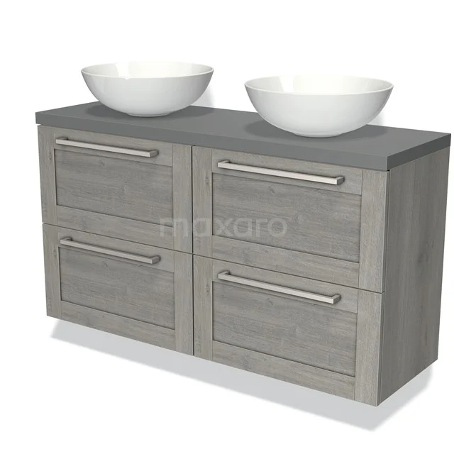 Grijze wastafelmeubel met dubbele waskom, houtlook design en vier lades, perfect voor een moderne badkamer inrichting.