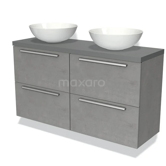 Grijze badkamermeubelset met dubbele keramische waskom, strakke designlook en vier lades met metalen handgrepen.