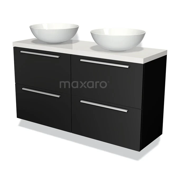 Modulo Plato Slim Vanity units for countertop basin | 120 cm Matte black Flat front High-gloss white worktop 4 drawers BMK38-00091 Black double vanity unit with white bowls and chrome handles, modern bathroom design made of wood with smooth finish.