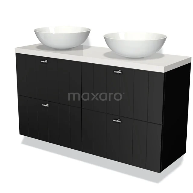 Zwarte badkamermeubelset met dubbele waskommen, witte bovenblad en strak design, ideaal voor moderne badkamers.