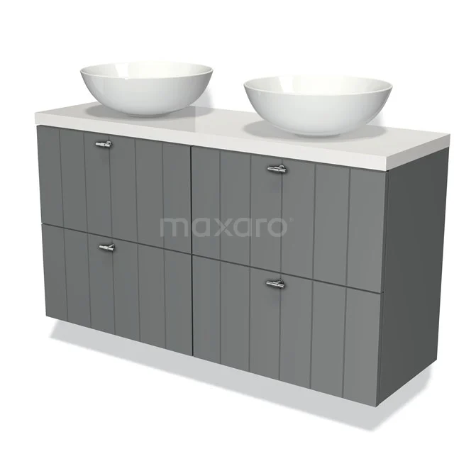 Grey double vanity unit with wood structure, white surface-mounted bowls and modern design, perfect for a stylish bathroom.