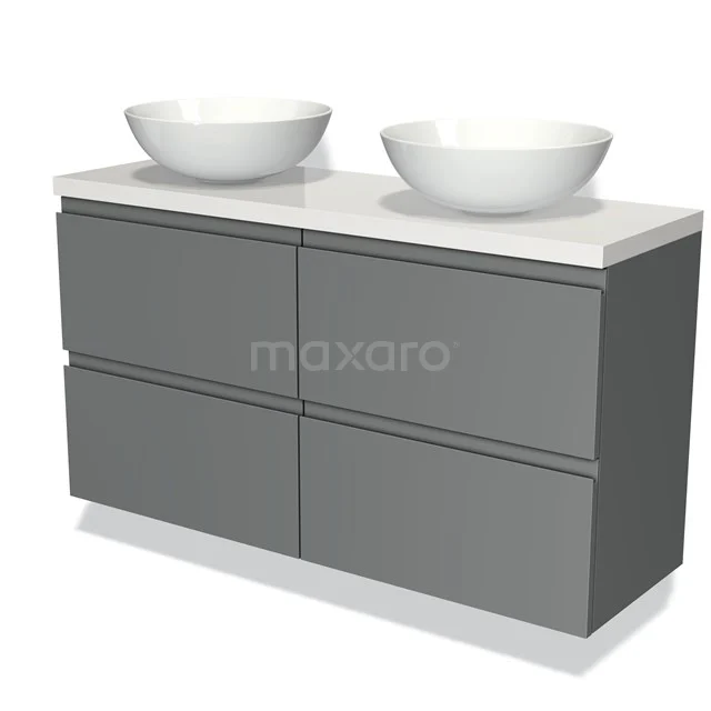 Grey bathroom furniture set with two basins, modern design, soft-close drawers and a white finish for stylish bathroom use.
