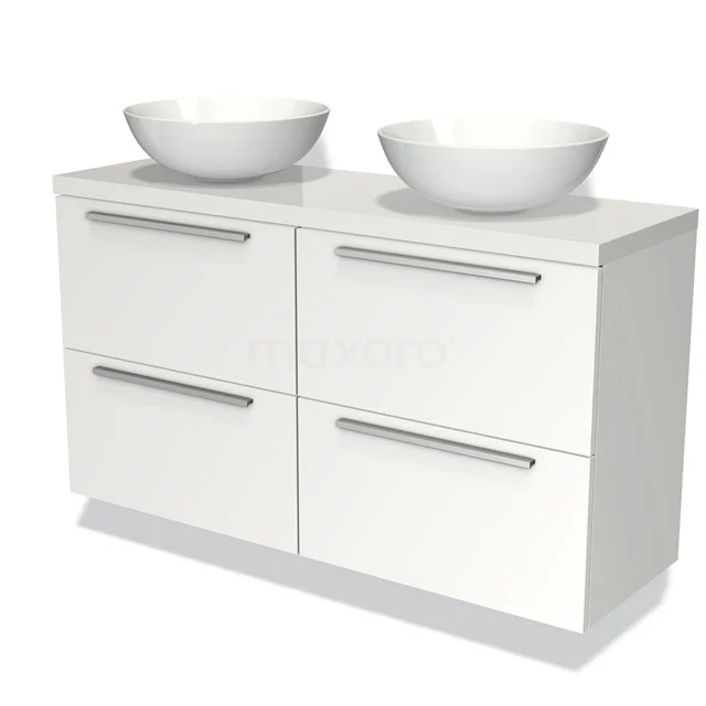 Wit badkamermeubel met dubbele wastafelkommen, modern design en chrome grepen, ideaal voor een stijlvolle badkamer.