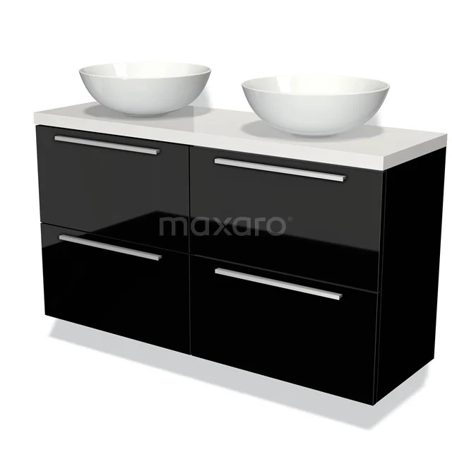 Zwarte glanzende badkamermeubelset met dubbele wastafels, modern design en chroomkleurige grepen.