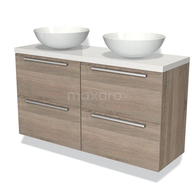 Waschtischunterschrank mit Konsole 120cm Modulo Plato Slim Eiche 4 Schubladen Flach Hochglanz Weiß Platte BMK38-00106 Holz-Waschtisch mit doppelten Aufsatzwaschbecken, modernes Aussehen, perfekt für eine stilvolle Badezimmergestaltung.