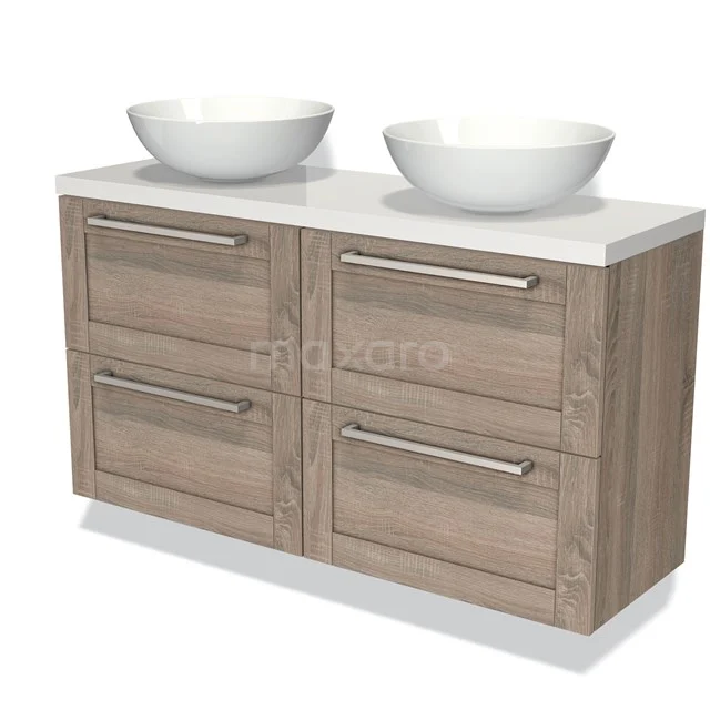 Wooden vanity unit with double countertop wash basins, oak-look drawer fronts and chrome handles, ideal for the bathroom.