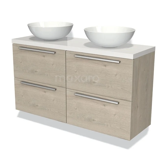 Houten badkamermeubel met dubbele ronde witte wastafel, vier lades en metalen grepen, ideaal voor moderne badkamerindeling.