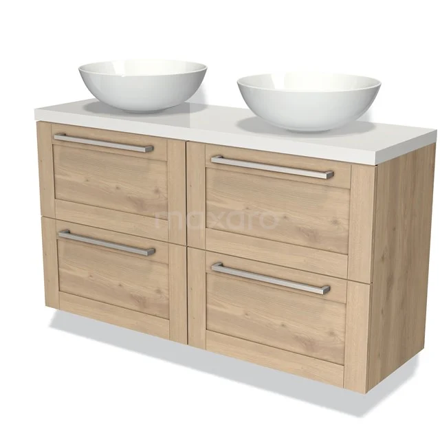 Modulo Plato Slim Badmöbel mit Aufsatzwaschbecken | 120 cm Hellbraune Eiche Rahmen front Hochglanz Weiß blatt 4 Schubladen BMK38-00111 Hölzernes Badezimmermöbel mit doppelten Aufsatzwaschbecken, vier Schubladen und modernen Haltegriffen, perfekt für stilvolle Badezimmerlagerung.