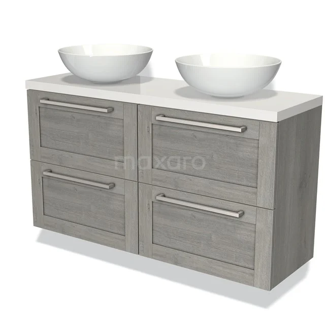 Grijze houten badkamermeubelset met dubbele waskommen en laden, modern design en roestvrijstalen grepen.