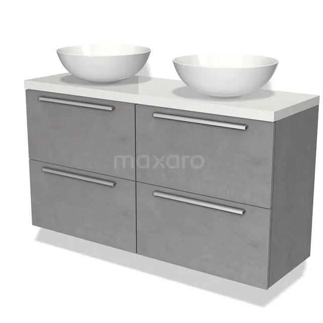 Grijze badkamerkast met vier lades en dubbele witte waskommen, modern ontwerp van betonlook-materiaal.