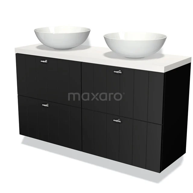 Zwart badkamermeubel met dubbele waskom, modern design, witte bovenplaat, vier lades en chromen handgrepen.
