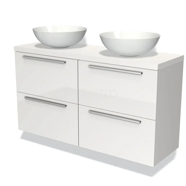 Wit hoogglans badkamermeubel met vier laden en dubbele wastafelkommen, modern design met metalen handgrepen.