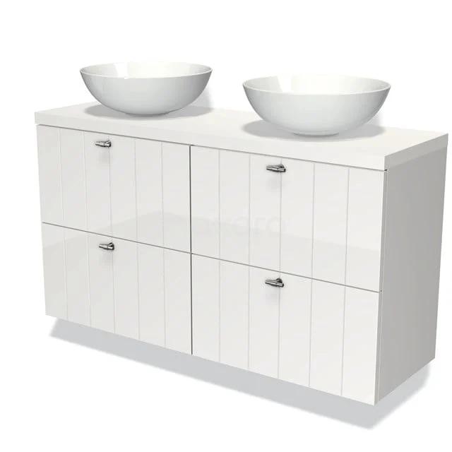 Badmöbel für Waschtischunterschrank mit Konsole 120cm Modulo Plato Slim Hochglanz Weiß 4 Schubladen Schiefer Matt Weiß Platte BMK38-00127 Weißes Badezimmermöbel mit doppelten keramischen Aufsatzwaschbecken, vier Schubladen und geraden Linien für eine moderne Ausstrahlung.