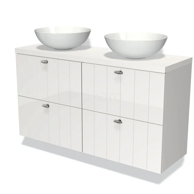 Modulo Plato Slim Badmöbel mit Aufsatzwaschbecken | 120 cm Hochglanz Weiß Lamelle front Matt Weiß blatt 4 Schubladen BMK38-00127 Weißes Badezimmermöbel mit doppelten keramischen Aufsatzwaschbecken, vier Schubladen und geraden Linien für eine moderne Ausstrahlung.