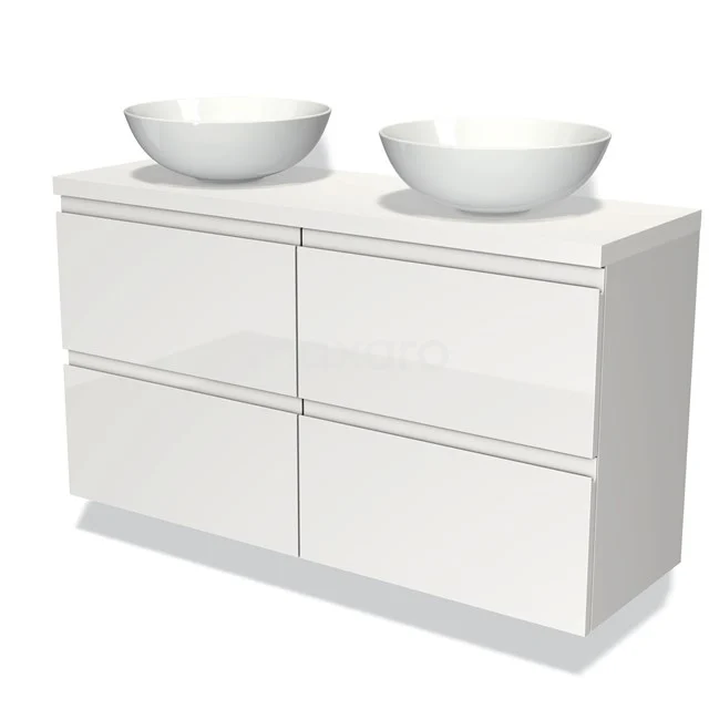 Wit hoogglans badkamermeubel met vier lades en dubbele witte keramische waskommen, modern en strak design.