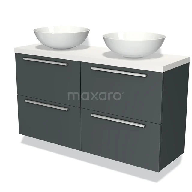 Grijze houten badkamermeubelset met dubbele waskommen en vier lades, modern design voor stijlvolle opbergruimte.