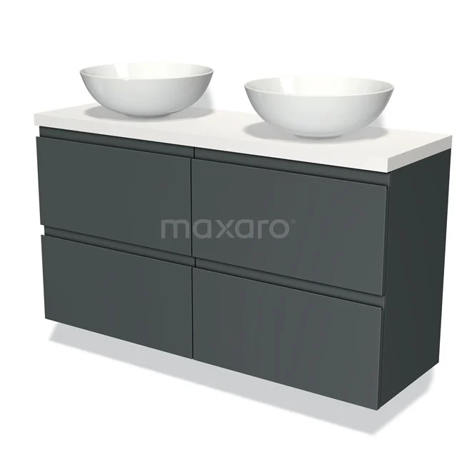 Donkergrijze badkamermeubelset met dubbele waskommen en wit blad, strak design, ideaal voor moderne badkamers.