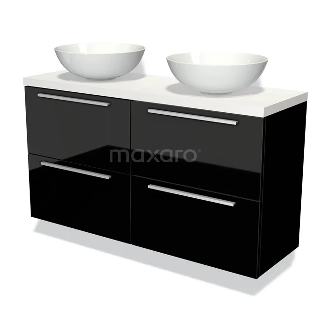 Zwart-wit dubbel wastafelmeubel met glanzende lades, witte opbouwkommen en strak design, perfect voor moderne badkamers.