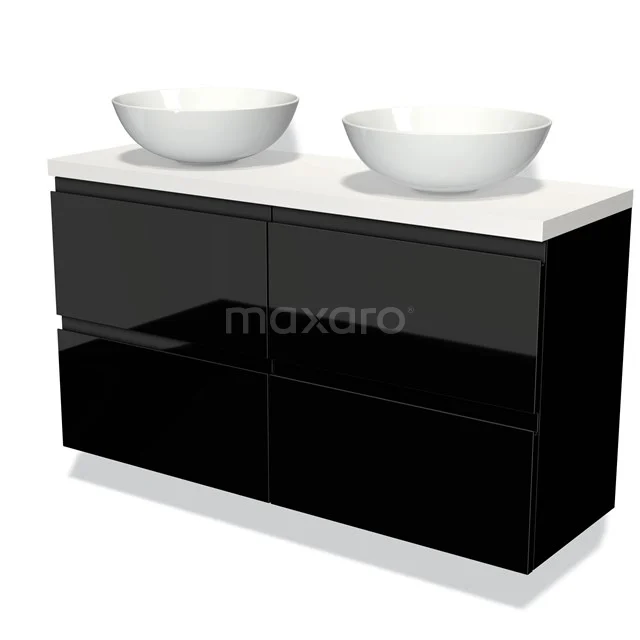 Modulo Plato Slim Vanity units for countertop basin | 120 cm High-gloss black Handle-less front Matte white worktop 4 drawers BMK38-00134 Black bathroom furniture set with high-gloss finish, double basin and sleek design for a modern bathroom style.