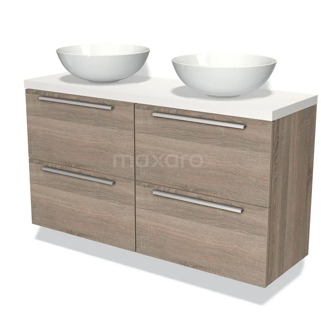Houten badkamermeubel met dubbele wastafel, moderne look, licht eiken kleur en strakke lades voorzien van metalen handgrepen.