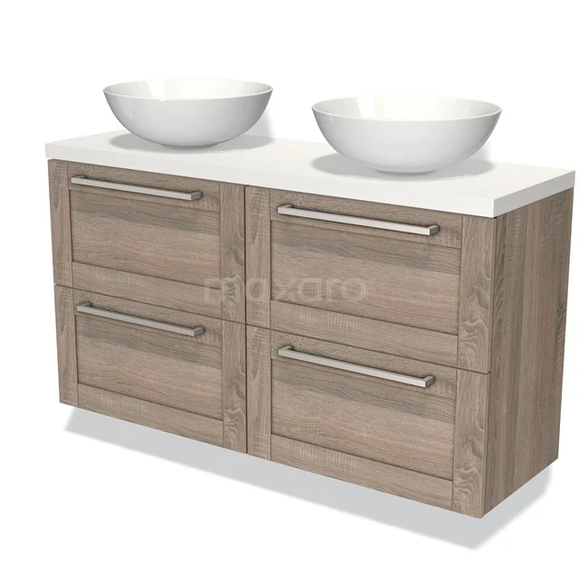 Modulo Plato Slim Badmöbel mit Aufsatzwaschbecken | 120 cm Eiche Rahmen front Matt Weiß blatt 4 Schubladen BMK38-00136 Holz-Badmöbel mit doppelten Aufsatzbecken, weißer Platte und 4 Schubladen, modernes Design, geeignet für jeden Badezimmerstil.