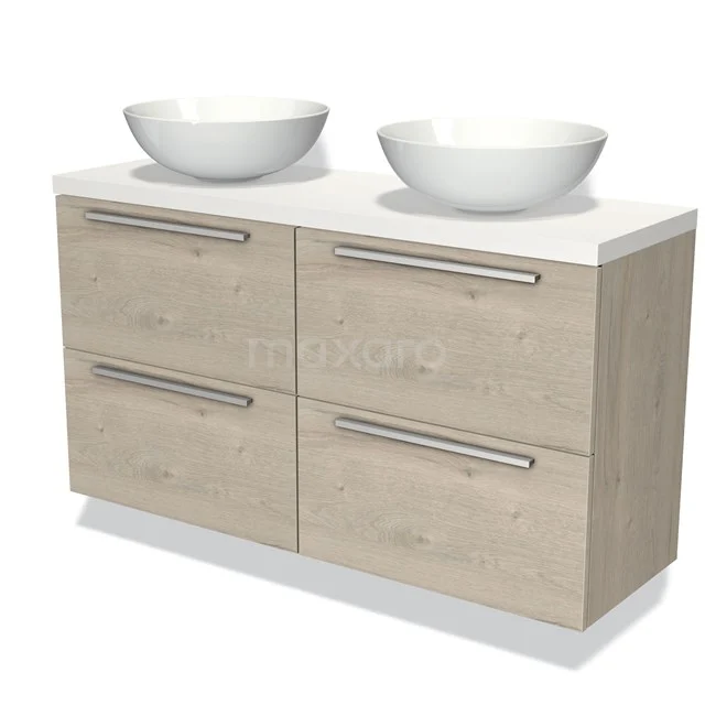 Holz Badezimmermöbel mit doppelten Aufsatzwaschbecken, weißer Keramik und vier Schubladen; modernes Design, ideal für ein geräumiges Badezimmer.