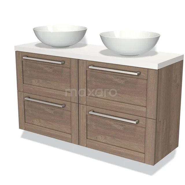 Houten badkamermeubel met dubbele wasbakken, moderne lades en wit bovenblad. Perfect voor stijlvolle badkamerinrichting.
