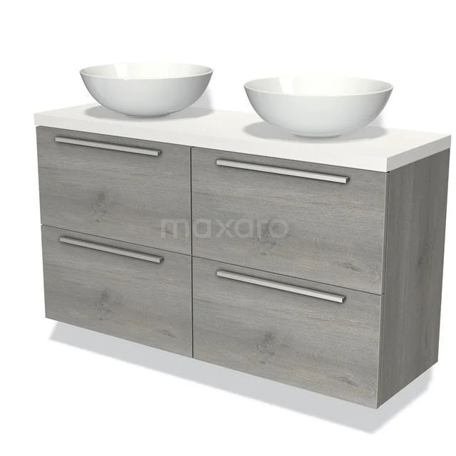 Houten badkamermeubel met twee witte waskommen, moderne lades en een stijlvolle, grijs eiken afwerking.