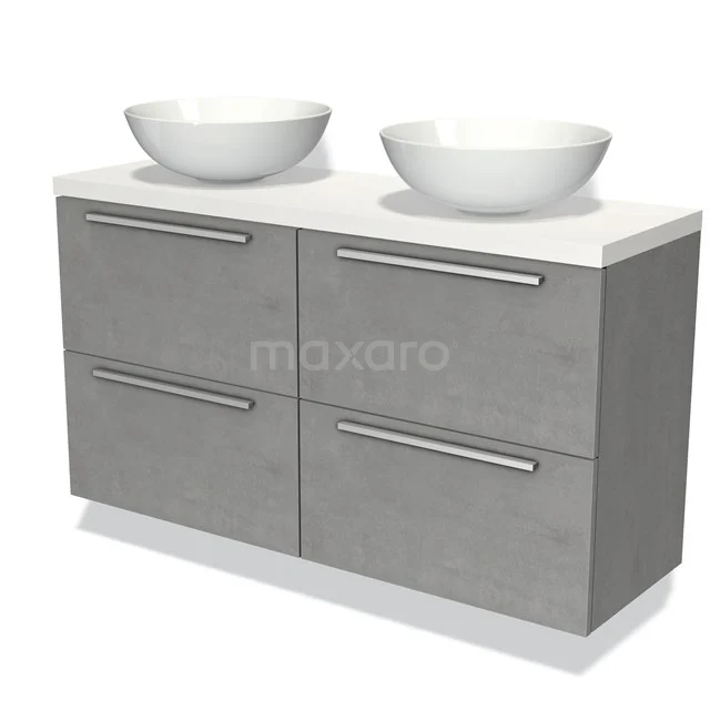 Grijze badkamermeubelset met dubbele wasbakken, moderne look, voorzien van vier lades met strakke metalen handgrepen.