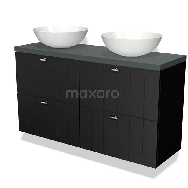 Badmöbel für Waschtischunterschrank mit Konsole 120cm Modulo Plato Slim Matt Schwarz 4 Schubladen Latten Dunkelgrau Platte BMK38-00150 Strakke schwarze Badmöbelset mit doppelten weißen Aufsatzwaschbecken, Holzoptik-Finish und 4 Schubladen.
