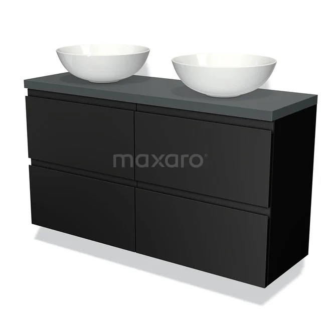 Zwarte badkamermeubelset met dubbele waskommen, mat antraciet blad en strakke greeploze lades, modern design.