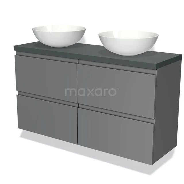Grey wooden bathroom unit with double countertop wash basin, modern design, ideal for a stylish and functional bathroom.
