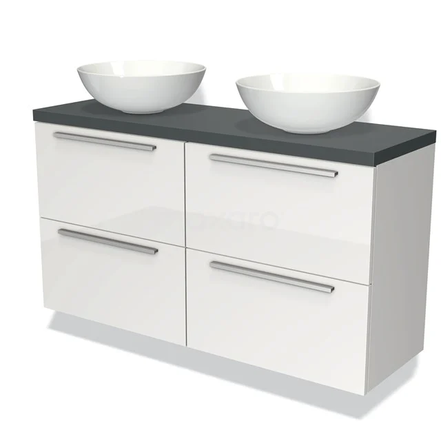 Badmöbel für Aufsatzwaschbecken 120cm Modulo Plato Slim Hochglanz Weiß 4 Schubladen Flach Dunkelgrau Platte BMK38-00155 Weißes Badezimmermöbel mit 4 Schubladen, anthrazitfarbenem Oberblatt und zwei runden keramischen Waschbecken, modernes Design.