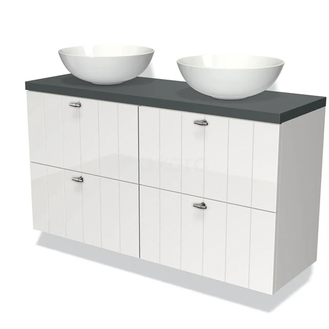 Wit badkamermeubel met 4 lades, donkergrijs blad en dubbele stijlvolle wastafelkom voor een moderne badkamer inrichting.