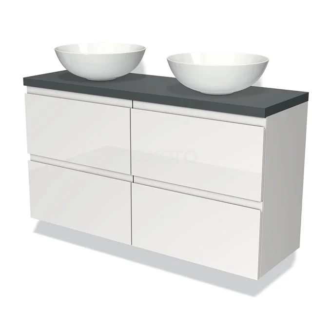 Badmöbel für Aufsatzwaschbecken 120cm Modulo Plato Slim Hochglanz Weiß 4 Schubladen grifflos Dunkelgrau Platte BMK38-00157 Weißes Badezimmermöbel mit vier Schubladen, Dunkelgrau Platte und zwei runden Aufsatzwaschbecken, perfekt für moderne Badezimmergestaltung.