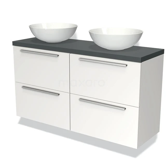 Weißes Badezimmermöbel mit schwarzer Oberseite und zwei runden Aufsatzwaschbecken, modernes Design und viel Stauraum.