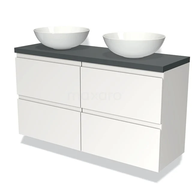 Modulo Plato Slim Badmöbel mit Aufsatzwaschbecken | 120 cm Matt Weiß Grifflos front Dunkelgrau blatt 4 Schubladen BMK38-00160 Weißes Badezimmermöbel mit doppeltem, komförmigem Waschbecken, anthrazitfarbenem Platte und modernen Schubladen, perfekt für ein stilvolles Badezimmer.
