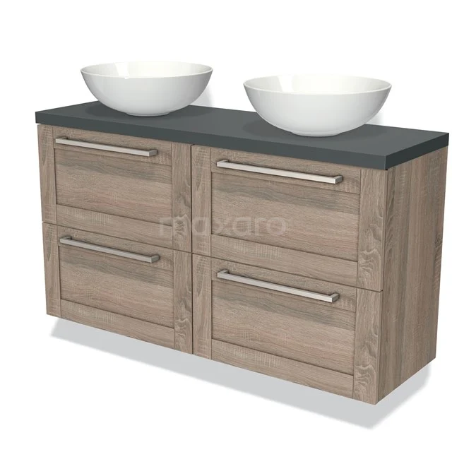 Modulo Plato Slim Badmöbel mit Aufsatzwaschbecken | 120 cm Eiche Rahmen front Dunkelgrau blatt 4 Schubladen BMK38-00165 Holz-Badmöbel mit doppelten weißen Aufsatzwaschbecken, vier Schubladen und Dunkelgrau Platte für einen modernen Badezimmerstil.