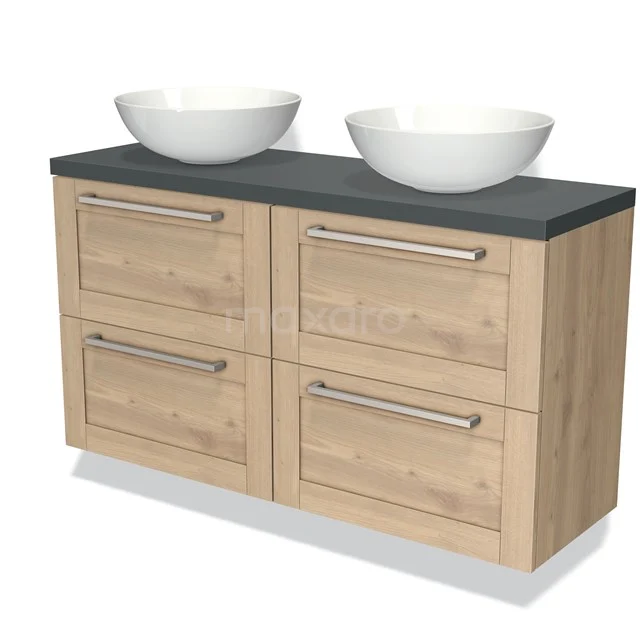 Houten badkamermeubel met natuursteenblad en dubbele komvormige wasbakken, modern design met vier opberglades.