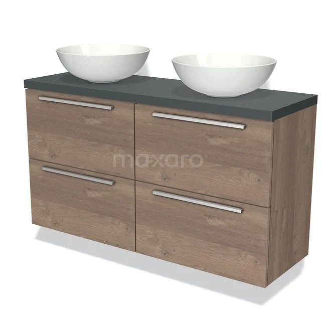 Houten badkamermeubel met grijs blad, dubbele waskom in wit keramiek, voorzien van vier lades en moderne metalen handgrepen.